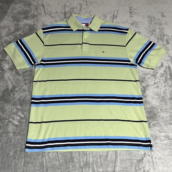 Tommy Hilfiger Polo Shirt Mens Medium Blue Green Striped Rugby Short Sleeve Golf - Picture 3 of 12